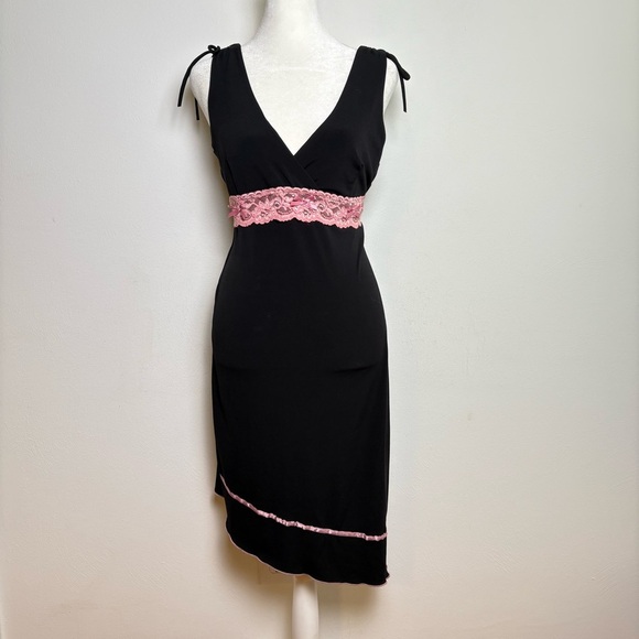 Vintage 90s Y2K Coquette Asymmetrical Babydoll Stretchy  Midi Dress Lace Bow S/M - Picture 7 of 16